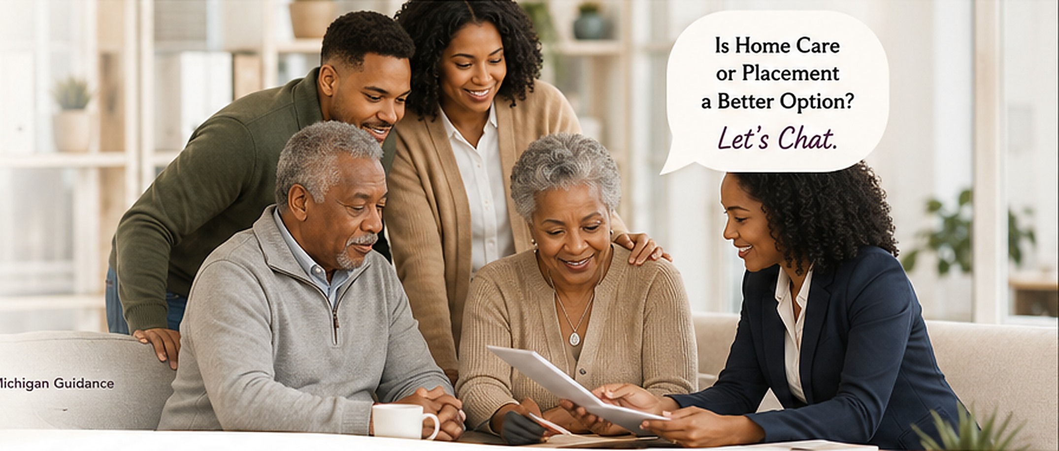 A senior couple, adult family members and a professional care advisor reviewing senior care options together.